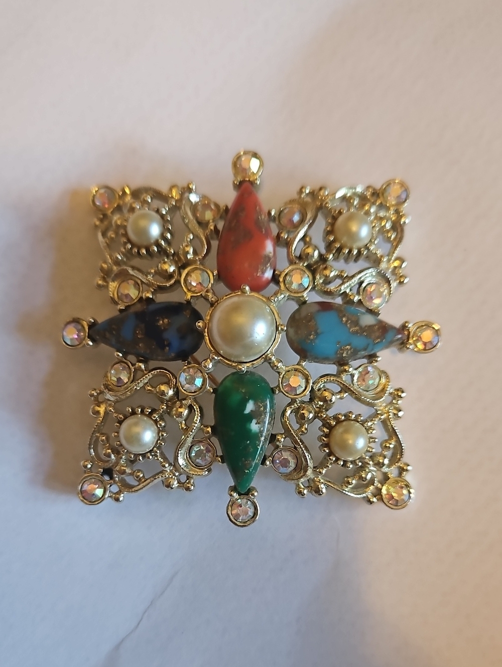 Multicolor Teardrop Stone & Pearl Gold-Tone Brooch